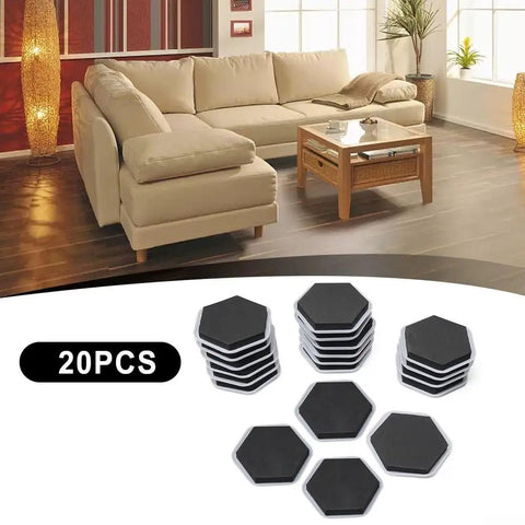 Total Game Changer 20 Pack Heavy Duty Furniture Sliders For Smooth Carpet Moves displayed with a couch and coffee table.