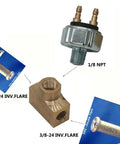 PNEUGO low-pressure hydraulic brake light switch kit with brass fittings and wiring harness; includes two 3/8-24 inverted flare adapters and 1/8 NPT