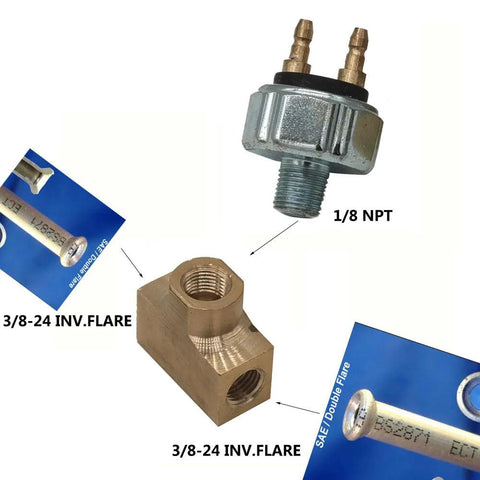 PNEUGO low-pressure hydraulic brake light switch kit with brass fittings and wiring harness; includes two 3/8-24 inverted flare adapters and 1/8 NPT