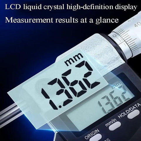 Digital Outside Micrometer With 0.001mm Accuracy showing LCD display on stainless steel body, inch and metric tool.