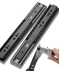 Heavy Duty Soft Close Drawer Slides With Full Extension Ball Bearing Rails on a measuring tool showing 155mm length for precision fitting.