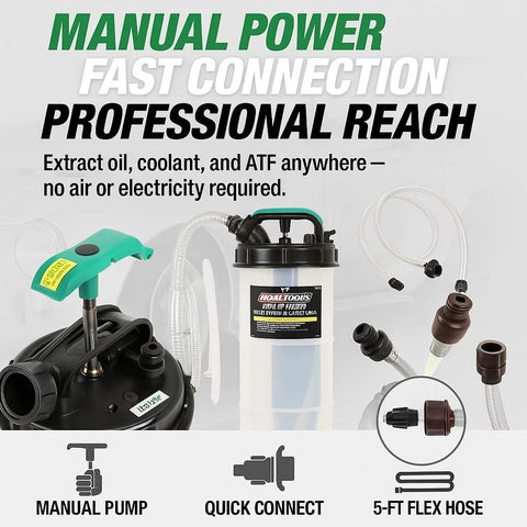 Manual Fluid Extractor Pump For Oil, Coolant, And Transmission Fluid, 1.4 Gallon Capacity, Hand Pump With 5 Foot Hose And 2 Dipstick Adapters