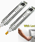 Heavy-Duty Full Extension Drawer Slides With Lock, Side-Mount Steel Ball Bearing Runners, supports 480 lb, shown with locking mechanism.