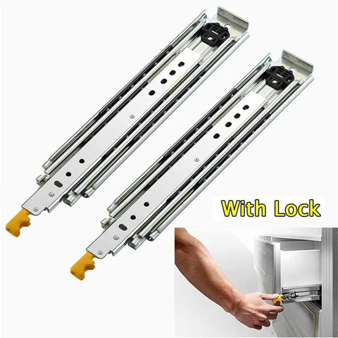Heavy-Duty Full Extension Drawer Slides With Lock, Side-Mount Steel Ball Bearing Runners, supports 480 lb, shown with locking mechanism.