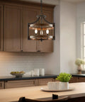 Farmhouse 3-Light Industrial Pendant Light With Wood And Metal Drum Shade, Convertible Semi-Flush Ceiling Fixture in kitchen