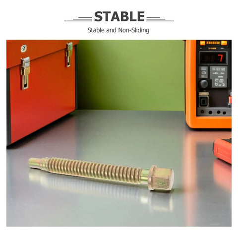 Heavy Duty Zinc Plated Lead Screw Replacement Rod For Auto Body Repair, Beefy Vise Clamp Screw For Mechanic Shops, Durable Bench Part That Keeps Auto Body Fixes Solid, High Strength Automotive Clamp Screw shown on a workbench
