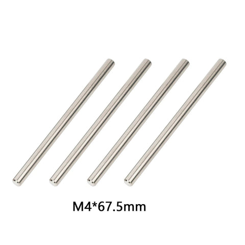 4Pcs TC4 Titanium Hinge Pin Lower For 6S One Seventh Mojave Felony Big Rock Fireteam Infraction Limitless 6S And One Eighth Kraton Notorious Outcast Talion Typhon Replacement AR330381 ARAC5032 Titanium Alloy For Durable RC Buggies, set of four metal rods on white background, size M4 x 67.5mm.