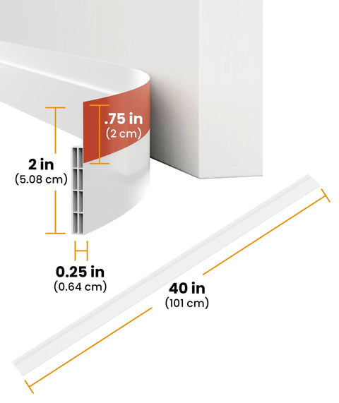Heavy Duty Door Draft Stopper Seal 2 Pack DIY Door Sweep showing dimensions and size of 40 inches long and 2 inches tall.