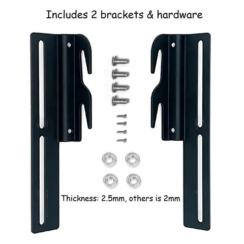 Heavy Duty Rock Solid Hook On Bed Frame Conversion Bracket Kit With Quick Install Hardware Bolt On To Hook On Headboard Or Footboard Black Steel components including 2 brackets and assorted hardware.