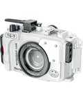 Underwater Housing For Olympus TG-7 With Red Filter, 60m Waterproof Case, front view showing lens and button access, durable design.