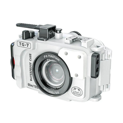 Underwater Housing For Olympus TG-7 With Red Filter, 60m Waterproof Case, front view showing lens and button access, durable design.