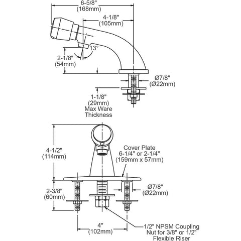 Technical drawing of Metered Deck Mount Lavatory Faucet With Cast Fixed Spout And Push Button Handle Chrome Finish ADA Compliant.