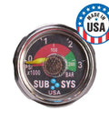 New 30 Percent Bigger Dial Gauge Screw In Pressure Indicator For Air Systems With Neon Yellow Fluorescent Dial And Quick At A Glance Readout In PSI And BAR Made In USA, featuring an expanded dial and Made in USA badge