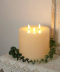 Extra Large 6x6 Flameless Candles With Three Wicks Battery Operated LED Pillar Candles With Remote And Timers Real Wax Ivory on lace
