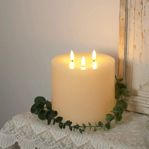 Extra Large 6x6 Flameless Candles With Three Wicks Battery Operated LED Pillar Candles With Remote And Timers Real Wax Ivory on lace