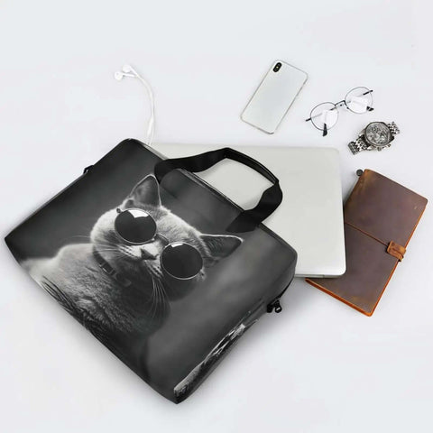 Gray Cat With Sunglasses Laptop Bag For 14 To 16 Inch Notebooks, featuring durable 290D polyester with office accessories.