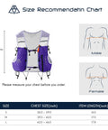 Size chart for 10L Trail Running Hydration Vest With Soft Flasks Purple S For Ultraruns And Endurance Training showing male and female measurements.