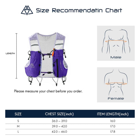 Size chart for 10L Trail Running Hydration Vest With Soft Flasks Purple S For Ultraruns And Endurance Training showing male and female measurements.