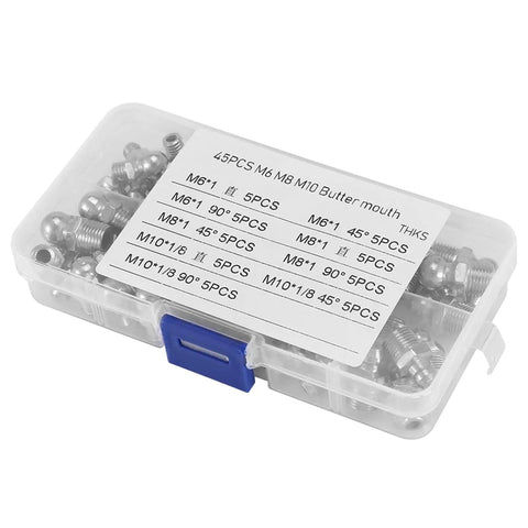 Zerk Grease Nipple Kit 45Pcs Heavy Duty Metal Fittings M6 M8 M10 Variety Pack in transparent box with label