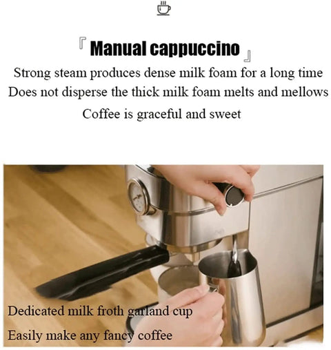 Manual cappuccino making with No Sweat Semi Automatic Espresso Machine 15 Bar Pump Coffee Maker Built Tough With Quick Heat Stainless Steel Body And Reliable Milk Froth For Bold Daily Brews Silver.