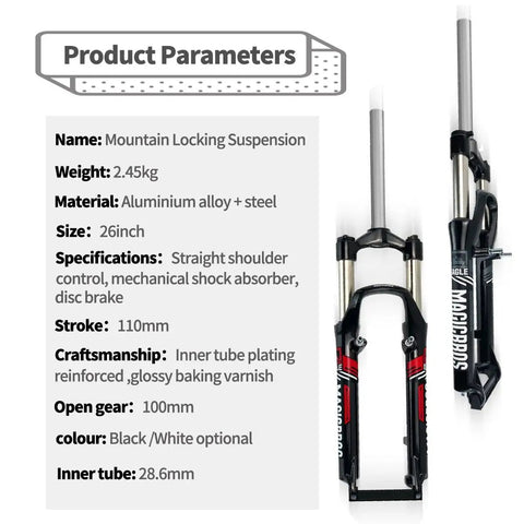 26 Inch Mountain Bike Front Suspension Fork Ride-Ready 100mm Travel, Mechanical Lockout, 9mm Quick Release, shown in black gray