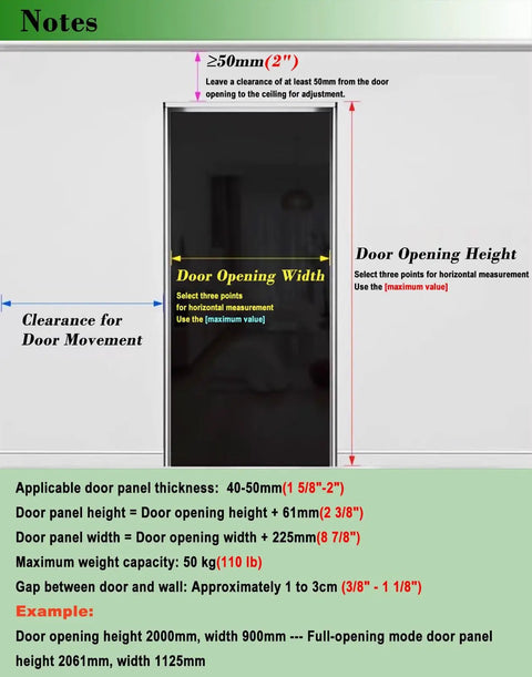 Notes for Zero Hassle Concealed Ghost Barn Door Hardware Kit dimensions and clearance for installation and panel thickness.