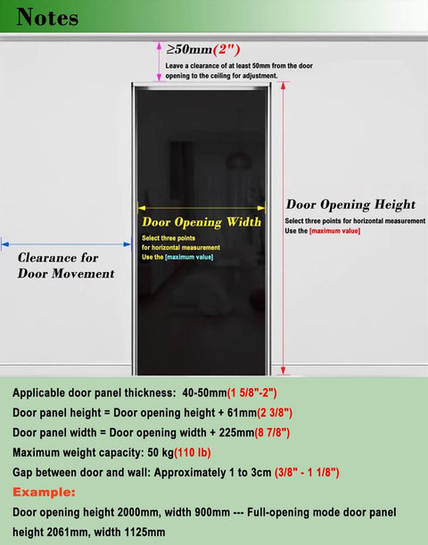 Door installation guide with measurements for Hidden Sliding Mirrored Barn Door Hardware Kit With Soft Close Floor Guide Trackless Rail System For 24 To 48 Inch Doors Invisible Wall Mount Track Modern Replacement Hardware 31.5 Inch Length.