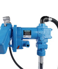 Close-up of Heavy Duty 20 GPM 12 Volt Fuel Transfer Pump With 50 Amp Auto Fuse for gasoline and diesel, featuring a blue cast iron body.