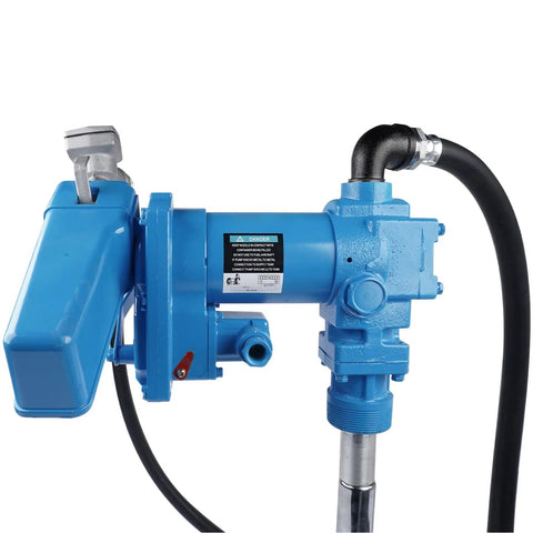 Close-up of Heavy Duty 20 GPM 12 Volt Fuel Transfer Pump With 50 Amp Auto Fuse for gasoline and diesel, featuring a blue cast iron body.