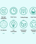 Icons showcasing features of Slick Portable Washing Machine With Hella Compact Folding Build, such as blue light antibacterial and low consumption.