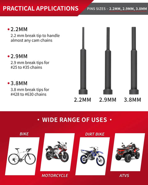 DAYUAN 13-piece motorcycle chain breaker set with 2.2mm, 2.9mm and 3.8mm tips for cam chains and 25 to 630 chains