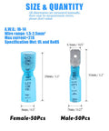 Diagram of 100-Piece Fully Insulated Spade Terminal Kit For DIYers with detailed dimensions of male and female connectors.
