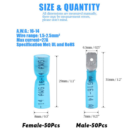 Diagram of 100-Piece Fully Insulated Spade Terminal Kit For DIYers with detailed dimensions of male and female connectors.