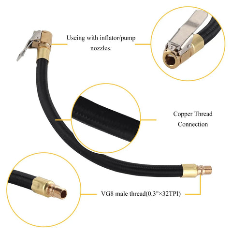 Tire Inflator Extension Hose With Quick Inflation Chuck Adapter showing copper thread connection and VG8 male thread