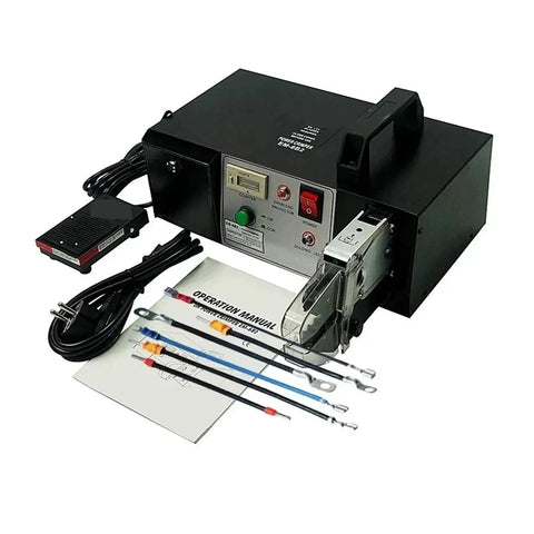 Built Tough Electric Terminal Crimping Machine Cold Crimp Pliers with One Touch Wire Stripper and Cutter, with manual and connectors.