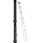 Front view of Solar Heated Outdoor Shower With 10 Gallon Tank 360 Degree Rotating Shower Head Foot Tap Freestanding 7.2 Ft Kit in Black