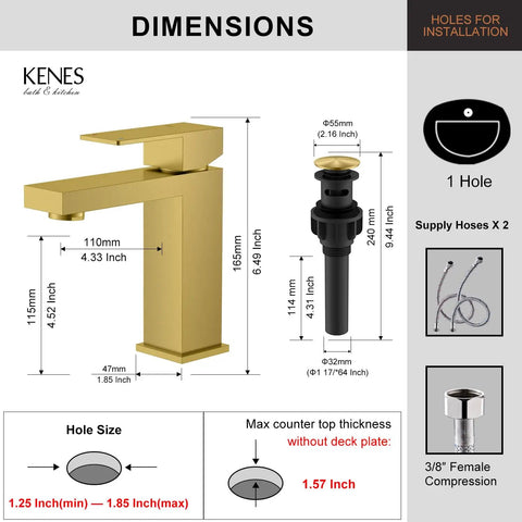 Dimensions of Brushed Gold Bathroom Faucet With Single Hole Lavatory Vanity, Modern Single Handle Sink Faucet Gold, Includes Pop Up Drain And Water Supply Hoses LJ-9031-4