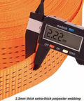 Close-up of caliper measuring 2.22mm thick webbing, part of Heavy Duty Cargo Hoisting Net 2 Ton for safe haul and industrial lifting.