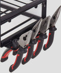 Close-up of metal tool rack with pliers hanging, part of Rugged 4 Layer Heavy Duty Power Tool Organizer Rack With Wall Mount Drill Holder