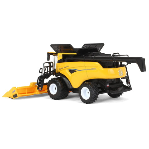 1/64 Scale Die Cast Combine With Folding Corn Head And Draper Head, Realistic Yellow Farm Equipment Collectible Model, side view