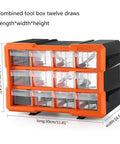 Heavy Duty Plastic Hardware Toolbox With Slide Out Compartments For Screws Bolts And Parts Organizer Transparent Lid Black Base Orange Clips showing twelve drawers and dimensions.