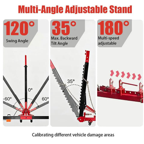 Multi-angle adjustable stand of Auto Body Frame Straightener With 3 Ton Air Jack, showing tilt and swing angles for collision repair