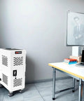 Top Tier Mobile Charging Station Holding Sixteen Devices Features Hella Sturdy Steel Body Secure Lock System And Built In Power Strips Fits Fourteen Inch Tablets Smooth Ride Casters Best For Classrooms Or Clinics White in office setting.