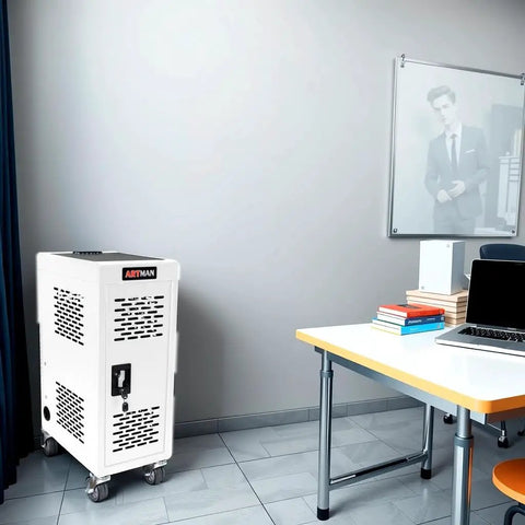 Top Tier Mobile Charging Station Holding Sixteen Devices Features Hella Sturdy Steel Body Secure Lock System And Built In Power Strips Fits Fourteen Inch Tablets Smooth Ride Casters Best For Classrooms Or Clinics White in office setting.