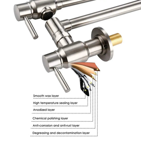 Stainless Steel Pot Filler Faucet Wall Mount With Dual Joint Swing Arm detailing layers and double lever handle