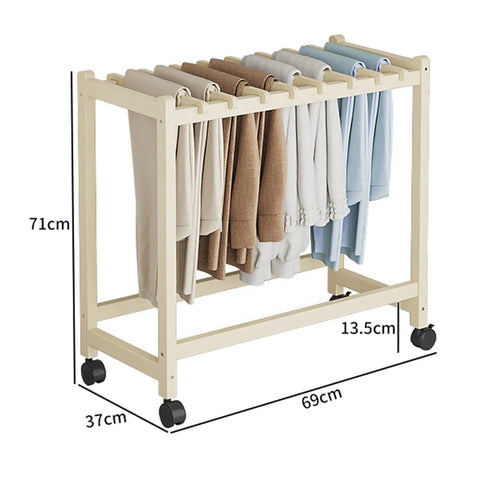 Top Shelf Rolling Clothes Rack Featuring Heavy Duty Swivel Wheels And Sturdy Natural Wood Slats Designed For Effortless Trouser Storage Within Any Spacious Bedroom Or Small Living Area
