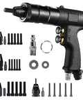 Heavy Duty Pneumatic Riv Nut Gun Kit With Adjustable Speed Trigger And Four Versatile Heads For 10-24, 1/4, 5/16, And 3/8 Inches Plus Extra Mandrels For Serious Pros Who Need A Top Notch Tool, black air rivet nut gun with attachments