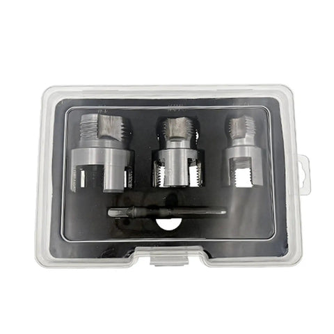 Heavy Duty Carbon Steel Pipe Threader Kit For Electric Drill includes three dies in a sturdy case for quick plumbing tasks.
