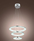 Nature White LED Acrylic Pendant Light Fixture With Three Ring Design For Dining Room And Kitchen Island 33W Modern Ceiling Pendant Lighting Adjustable Height Hanging Lights Contemporary Home Decor, viewed from below, showcasing the chrome finish and three concentric rings.