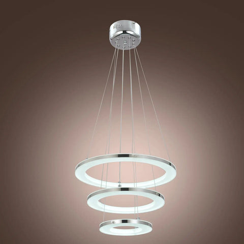 Nature White LED Acrylic Pendant Light Fixture With Three Ring Design For Dining Room And Kitchen Island 33W Modern Ceiling Pendant Lighting Adjustable Height Hanging Lights Contemporary Home Decor, viewed from below, showcasing the chrome finish and three concentric rings.